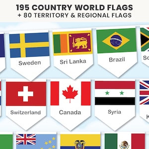 May include: A digital collection of 195 country world flags and 80 territory and regional flags displayed as pennants. The image features various national flags including New Zealand, Sweden, Sri Lanka, Brazil, South Africa, Dominican Republic, Switzerland, Canada, Syria, and the United Kingdom with their names printed below each flag.