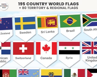 274 Länder Flaggen Banner Dekoration für das Klassenzimmer, Sofort download PDF, Internationaler Tag & Geographie Girlande