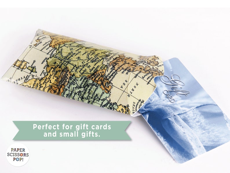 May include: A brown and beige paper gift card holder with a world map design. The holder is open and a blue gift card with the text "Gift Card" is partially visible.