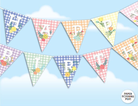 Printable gingham birthday banner, picnic themed birthday banner, DIY birthday banner instant download Il_570xn