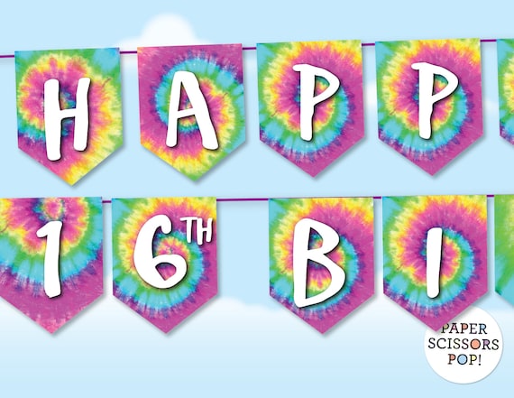 Tie dye party banner template, instant download, full tie dye alphabet and numbers set, 65 flags included. Hippie Tie dye birthday banner Il_570xn
