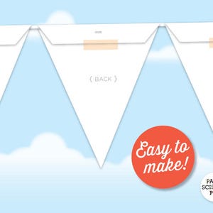 May include: Printable DIY party banner template with a white triangle design. The banner is easy to make and features the text "{BACK}" on the back of the triangle.