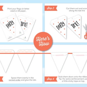 May include: A step-by-step guide on how to make a party banner. The image shows four steps, with instructions and illustrations of how to cut, fold, and glue the paper flags to create a banner.