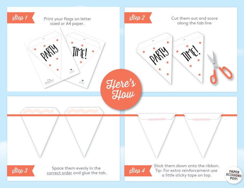 May include: A step-by-step guide on how to make a party banner. The image shows four steps, with instructions and illustrations of how to cut, fold, and glue the paper flags to create a banner.