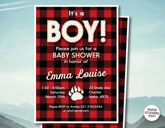 Lumberjack Baby Shower Invitation, Red Buffalo Plaid It's A Boy Invitation, Red Flannel Pattern Invitation, Wild One Party Lumberjack Invite Il_570xn