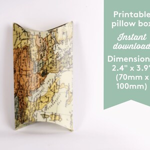 May include: A printable pillow box with a vintage world map design. The box measures 2.4 inches by 3.9 inches, or 70mm by 100mm.