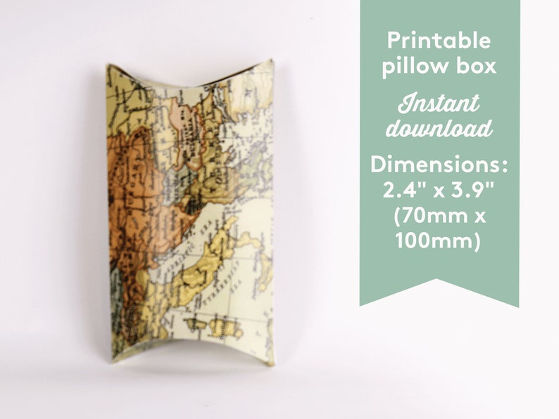 May include: A printable pillow box with a vintage world map design. The box measures 2.4 inches by 3.9 inches, or 70mm by 100mm.