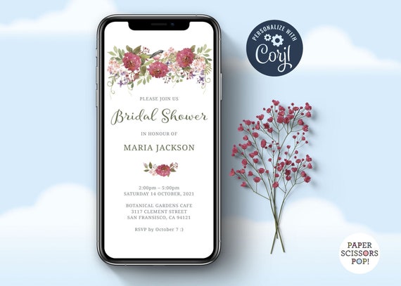 Editable invitation template for Bridal Shower or baby shower, red flowers bridal shower, Corjl e-vite, instant download digital invite Il_570xn