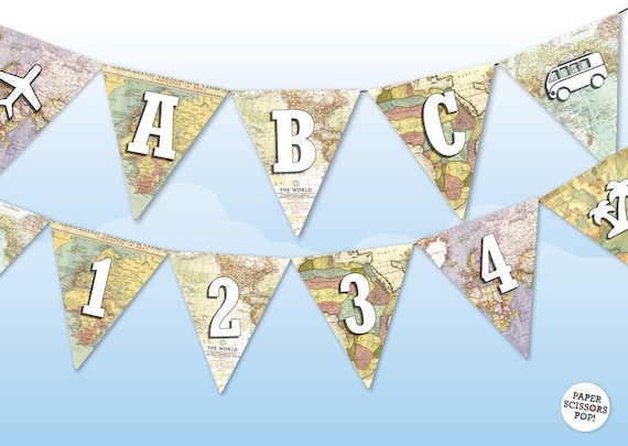 Vintage map alphabet banner template, map back to school banner, Welcome Back banner, Bon Voyage garland, classroom sign, Instant Download Il_570xn