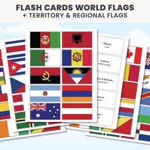 Può includere: Un set di flashcard educative con bandiere mondiali, territoriali e regionali. Le carte mostrano bandiere nazionali colorate in una griglia, con alcuni fogli che riportano i nomi dei paesi e le capitali corrispondenti in testo nero.
