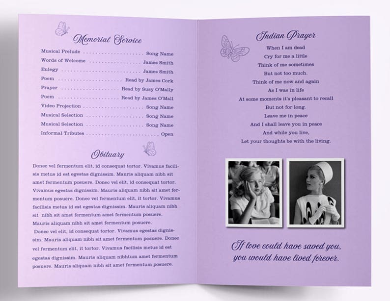 Funeral Service, Butterflies Funeral Program, Lavender Memorial Order of Service, Memorial Program, Pastel Lylic Butterfly Service Card image 2