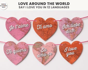 I Love You in 12 Languages Banner Romantic Wedding World Map Heart Garland, Travelers Bridal Shower Wedding or Anniversary Decor printable