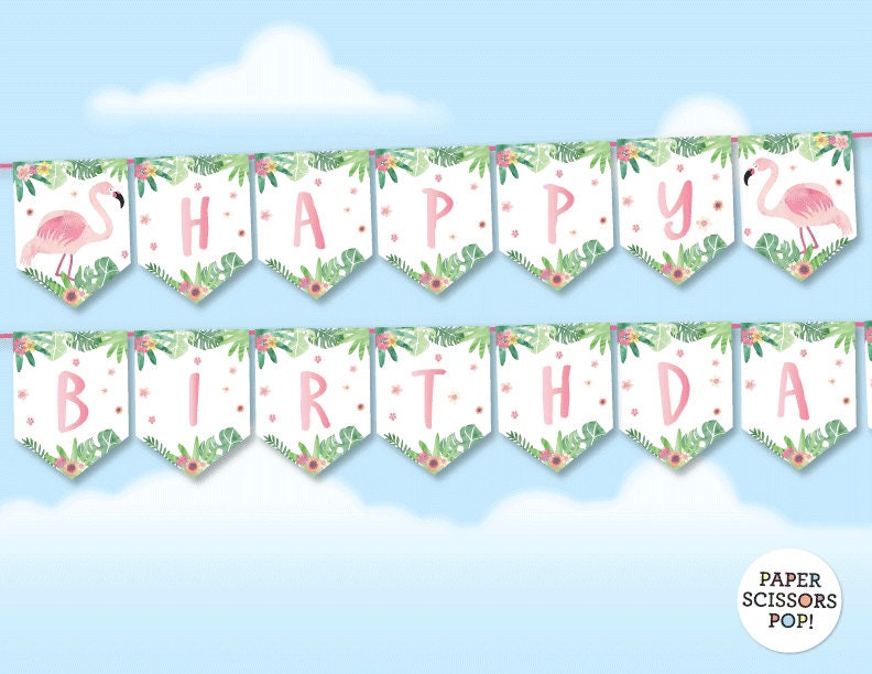 Pink Flamingo Birthday Banner Tropical Banner Watercolor Flamingo Bunting Tropical Party Decor Printable Garland 5th 12th