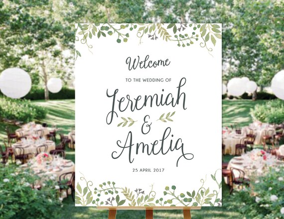 Summer Wedding Sign, Garden Wedding Welcome Board, Green Wedding Decor, Floral Wedding Decor, Floral Welcome Sign, Watercolor Leaves Decor Il_570xn