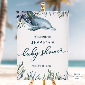 Dolphin baby shower welcome sign, gender neutral welcome sign bundle editable in Corjl, baby shower sign bundle, Templett weclome sign