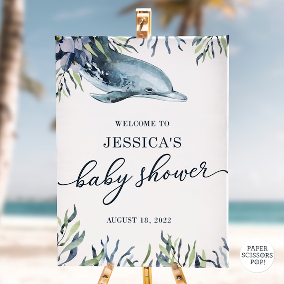 Dolphin baby shower welcome sign, gender neutral welcome sign bundle editable in Corjl, baby shower sign bundle, Templett weclome sign Il_570xn