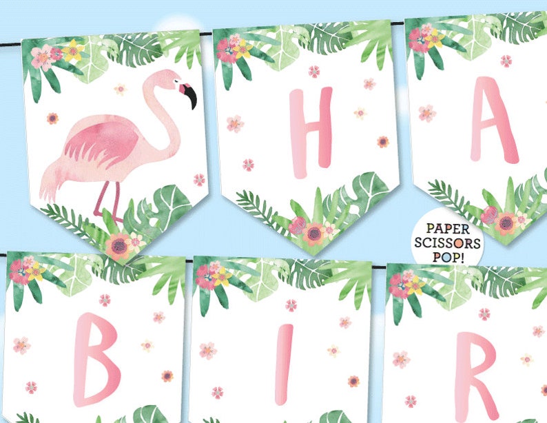 Pink Flamingo Birthday Banner Tropical Banner, Watercolor Flamingo Bunting, Instant Download, Printable Garland, 5th 12th, 10th Birthday image 1