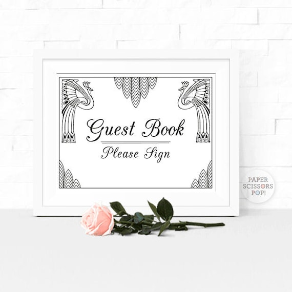 Gatsby Wedding Sign, Wedding Guest Book Sign, Art Deco, Roaring 20's Wedding Signs, Black and White Art Deco Wedding Sign, Peacock Decor Il_570xn