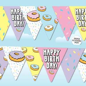 Może przedstawiać: Zestaw dziesięciu kolorowych, trójkątnych flag na przyjęcie z motywem pączka i nadrukiem "Happy Birthday!"