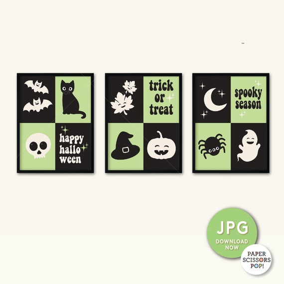 Green Halloween wall art set 3, cute pastel Halloween wall art green