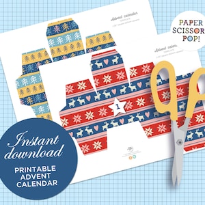 Printable advent calendar boxes, ugly Christmas sweater advent calendar instant download, DIY advent gift box digital download