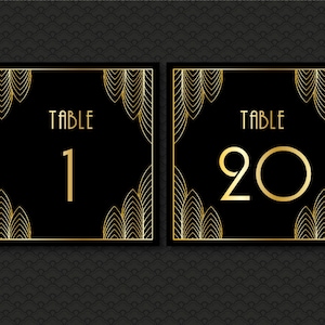 Große Gatsby Tischnummern, DIY Gatsby Hochzeitsdeko, Schwarz und Gold Zeltkarten, Zeltkarten Art Deco Zahlen 1-20, Roaring 20&#39;s Party Decor