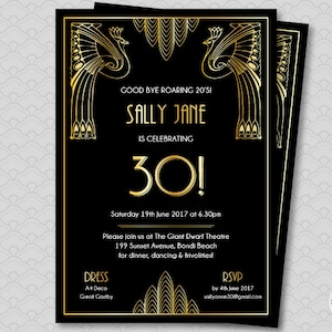 Great Gastby 30th Invite, Goodbye Roaring 20's Party Invitation, Art Deco Party, Black and Gold Casino Party Invite, Gastby Birthday Invite