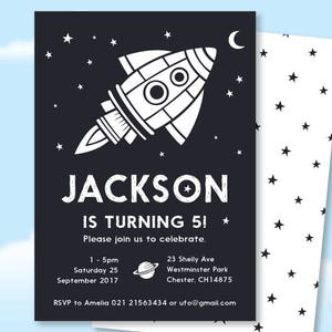May include: Black and white birthday party invitation with a rocket ship illustration and the text "JACKSON IS TURNING 5!"  Please join us to celebrate. 1-5pm Saturday 25 September 2017 23 Shelly Ave Westminster Park Chester, CH14875 RSVP to Amelia 021 21563434 or ufo@gmail.com