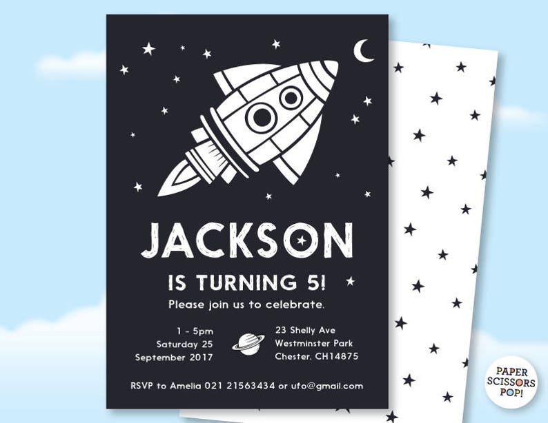 May include: Black and white birthday party invitation with a rocket ship illustration and the text "JACKSON IS TURNING 5!"  Please join us to celebrate. 1-5pm Saturday 25 September 2017 23 Shelly Ave Westminster Park Chester, CH14875 RSVP to Amelia 021 21563434 or ufo@gmail.com