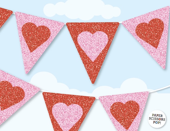 Love Hearts Banner, Pink and Red Glitter Party Decor Sweet Hearts Valentines Garland, Wedding Printable Banner, Pink Glitter Il_570xn