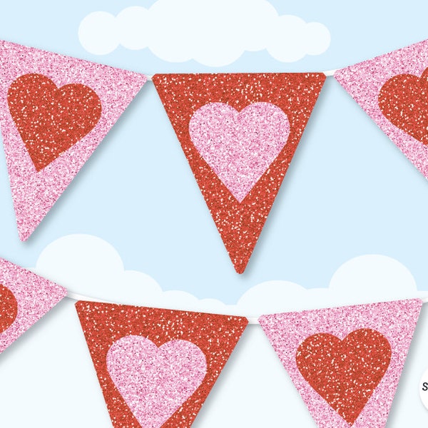 Love Hearts Banner, Pink and Red Glitter Party Decor Sweet Hearts Valentines Garland, Wedding Printable Banner, Pink Glitter