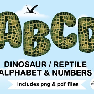 Può includere: Quattro lettere maiuscole, A, B, C e D, con un motivo a squame di dinosauro e uno pterosauro volante sopra. Il testo recita "DINOSAUR / REPTILE ALPHABET & NUMBERS" e "Includes png & pdf files".