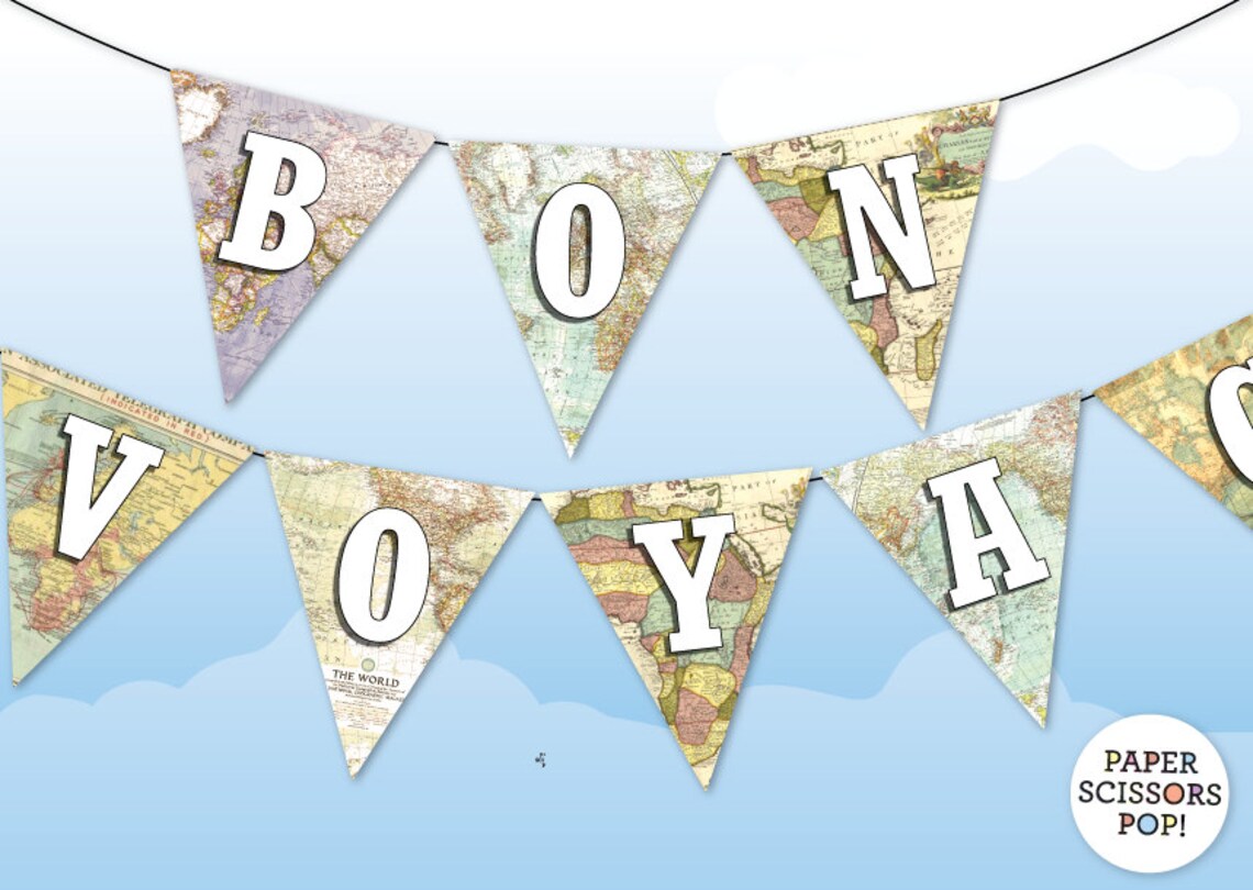 bon-voyage-banner-farewell-party-decor-vintage-maps-pennant-etsy