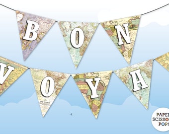 Bannière Bon voyage, fanion de carte vintage, décoration de fête d'adieu joyeux voyages, décorations de fête de retraite rétro téléchargement immédiat