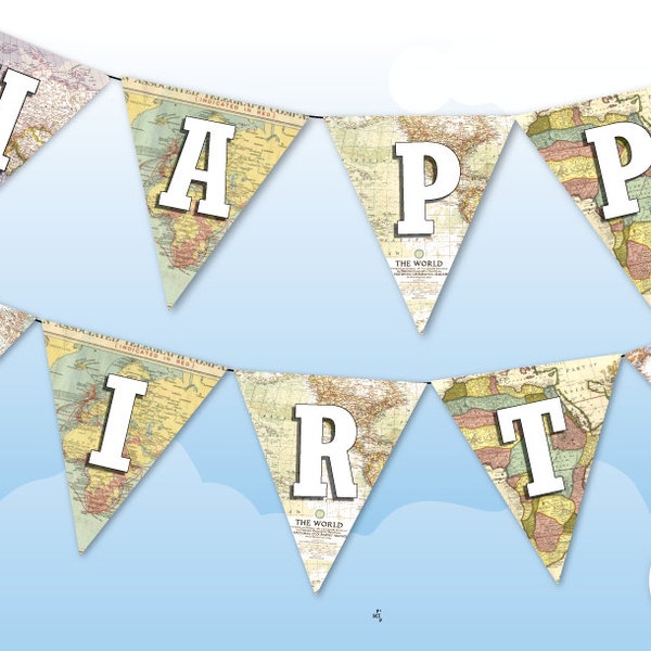 Happy Birthday Vintage Maps Bunting Banner DIY Party Decoration, Adventurer, Traveller Birthday Garland, Nautical Map, Instant Download