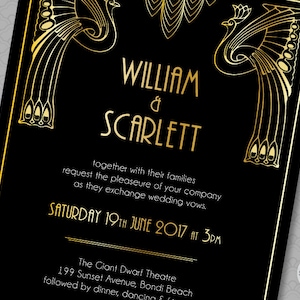 Great Gatsby Wedding Invitation Roaring 20's Party Art Deco Invitation Black and Gold Gatsby Save the Date, Peacock Invitation Scalloped image 4