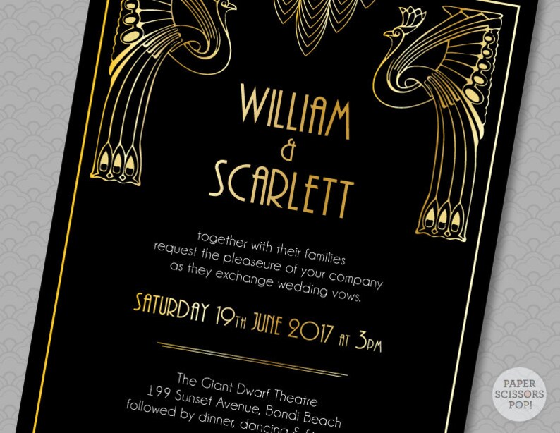 Great Gatsby Wedding Invitation Roaring 20's Party Art Deco Invitation Black and Gold Gatsby Save the Date, Peacock Invitation Scalloped image 4