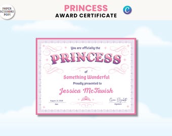Princess Award Template, Personalized Honorary Princess Certificate, Fairy Tale Party activity award certificate Office award Canva template