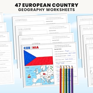 Może przedstawiać: Zestaw 47 arkuszy zadań z geografii krajów europejskich z czarno-białymi stronami, nazwami krajów, mapami i pytaniami. Jeden arkusz przedstawia pokolorowaną flagę Czech oraz mapę z zaznaczonymi na czerwono Czechami, wraz z czterema kredkami.