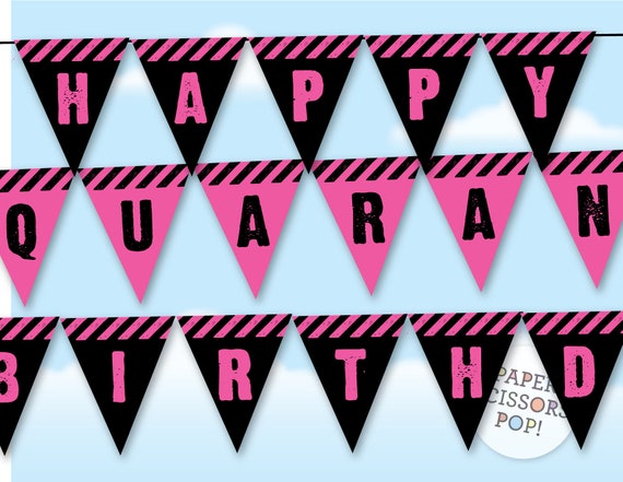 Pink quarantine birthday banner printable, lockdown banner templates, quarantine alphabet pink and black hazard banner, girls birthday decor Il_570xn
