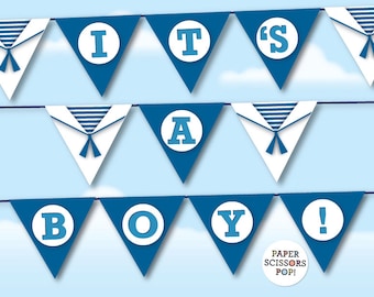 Ahoy it's a boy baby shower banner, instant download gender reveal nautical baby decor. It's a boy printable bunting for baby shower