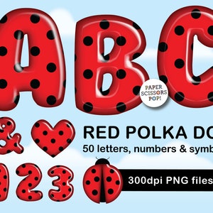 Set di lettere a pois rossi, sublimazione PNG, set di lettere e numeri a pois. clipart coccinella, alfabeto digitale coccinella, uso commerciale