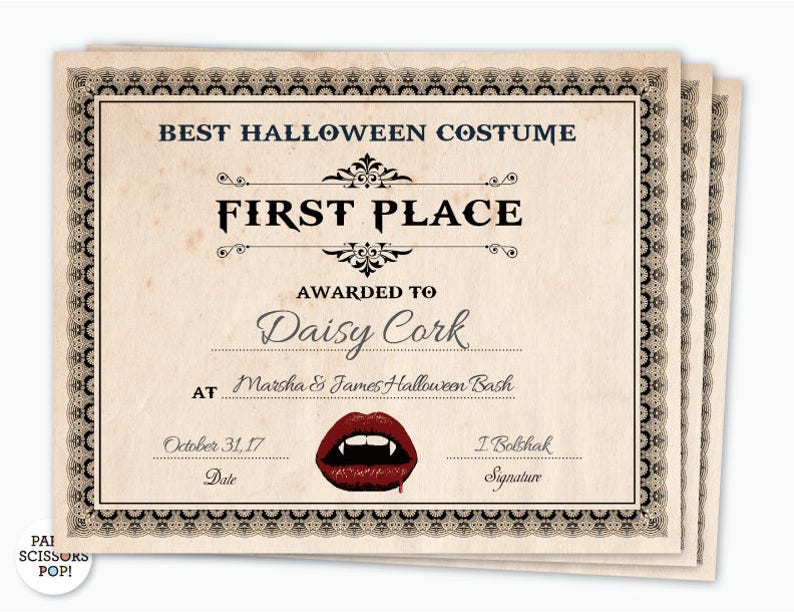 Halloween Award Halloween Costume Certificate 1st Place - Etsy