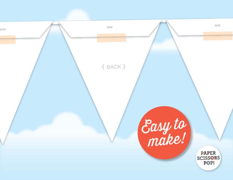 May include: Printable DIY party banner template with a white triangle design. The banner is easy to make and features the text "{BACK}" on the back of the triangle.