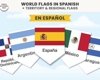 Spanish Language World Flags Banner Printable Geography Classroom Teacher Resource Homeschool, Bilingual & Spanish Language Learning