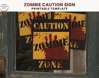 Zombie-waarschuwingsbord, Halloween-horrorfeestdecor, Blood Zombie Zone-waarschuwing afdrukbaar teken digitale download