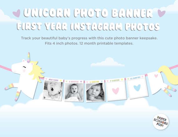 Instagram Baby Banner, 1st Year Baby Photos Instagram Photo Banner, Instagram Frame, Unicorn Bunting, Unicorn Decoration, Baby Growth Photos Il_570xn