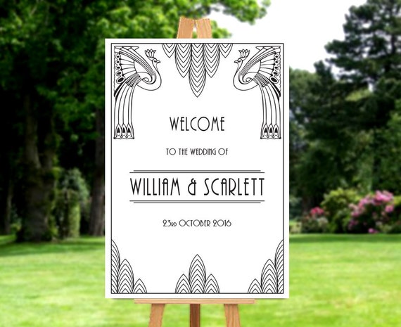 Welcome Board Great Gatsby Wedding Deocr Roaring 20's Art Deco Welcome the Bride and Groom Sign, Black and White Peacocks, Printable Sign Il_570xn