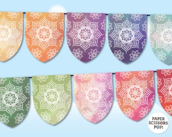 Rainbow Mandala Banner, Printable Diwali Henna Party Photo Prop, Hippy Party Decor Instant download Bollywood party decor
