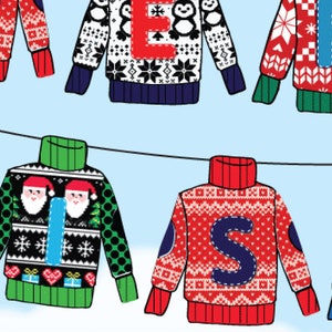 May include: A string of Christmas sweaters with different designs, each featuring a letter of the word "MERRY" in blue. The sweaters are hanging on a clothesline against a light blue background.